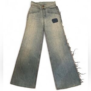 Vintage 70s/80s Style Wide Leg Jeans Distressed Wash, Frayed Hems, Patch Detail